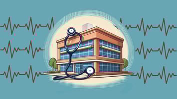 A vector image of a grocery store or shopping center with a large stethoscope wrapped around it, symbolizing a health check of commercial real estate.