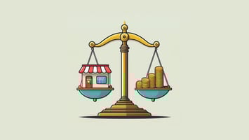 Balance scale with coins and a storefront, symbolizing the balance between rent and sales in determining a tenant's financial health in commercial real estate investments.