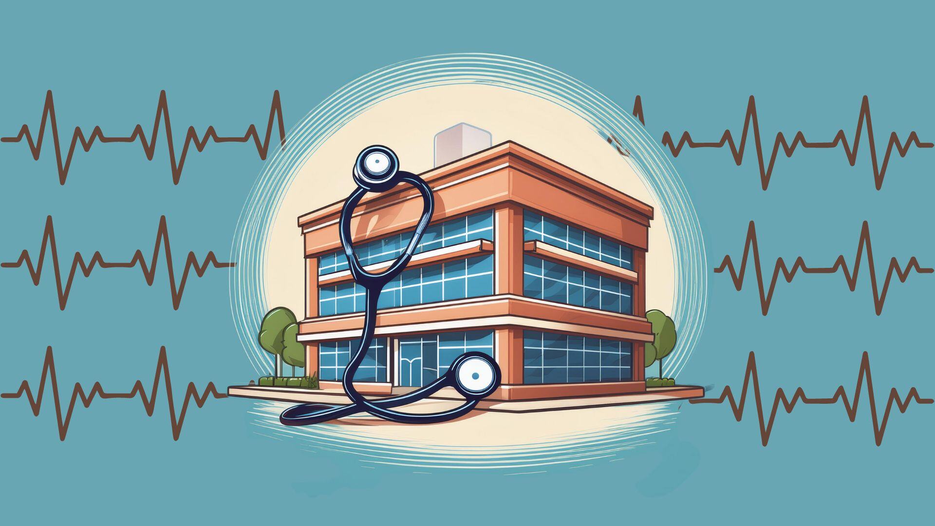 A vector image of a grocery store or shopping center with a large stethoscope wrapped around it, symbolizing a health check of commercial real estate.