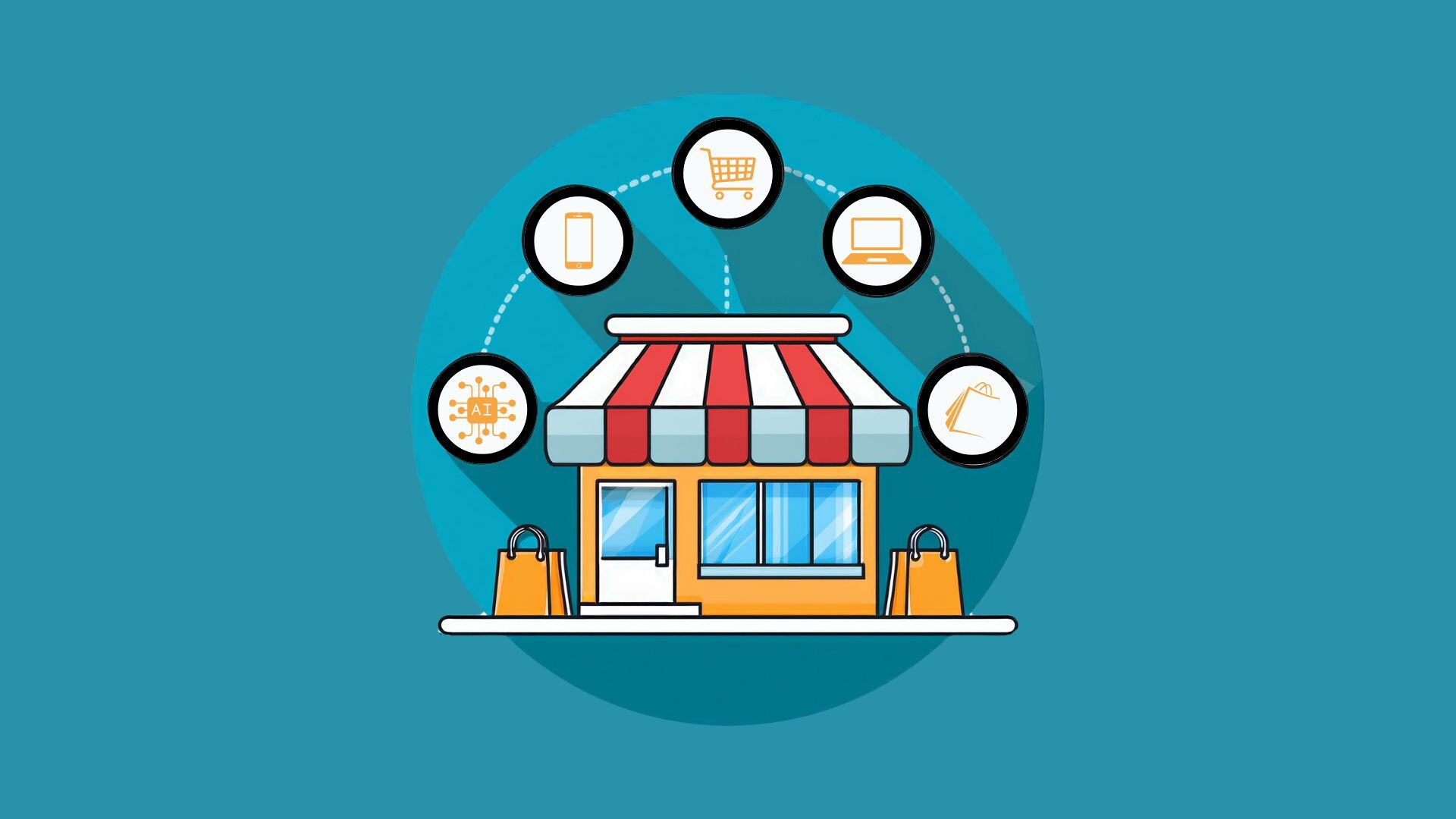 Illustration of a storefront connected to digital shopping icons, representing the integration of e-commerce with physical retail stores. The icons include a shopping cart, smartphone, laptop, AI, and shopping bag, highlighting various aspects of online and omnichannel retail strategies.