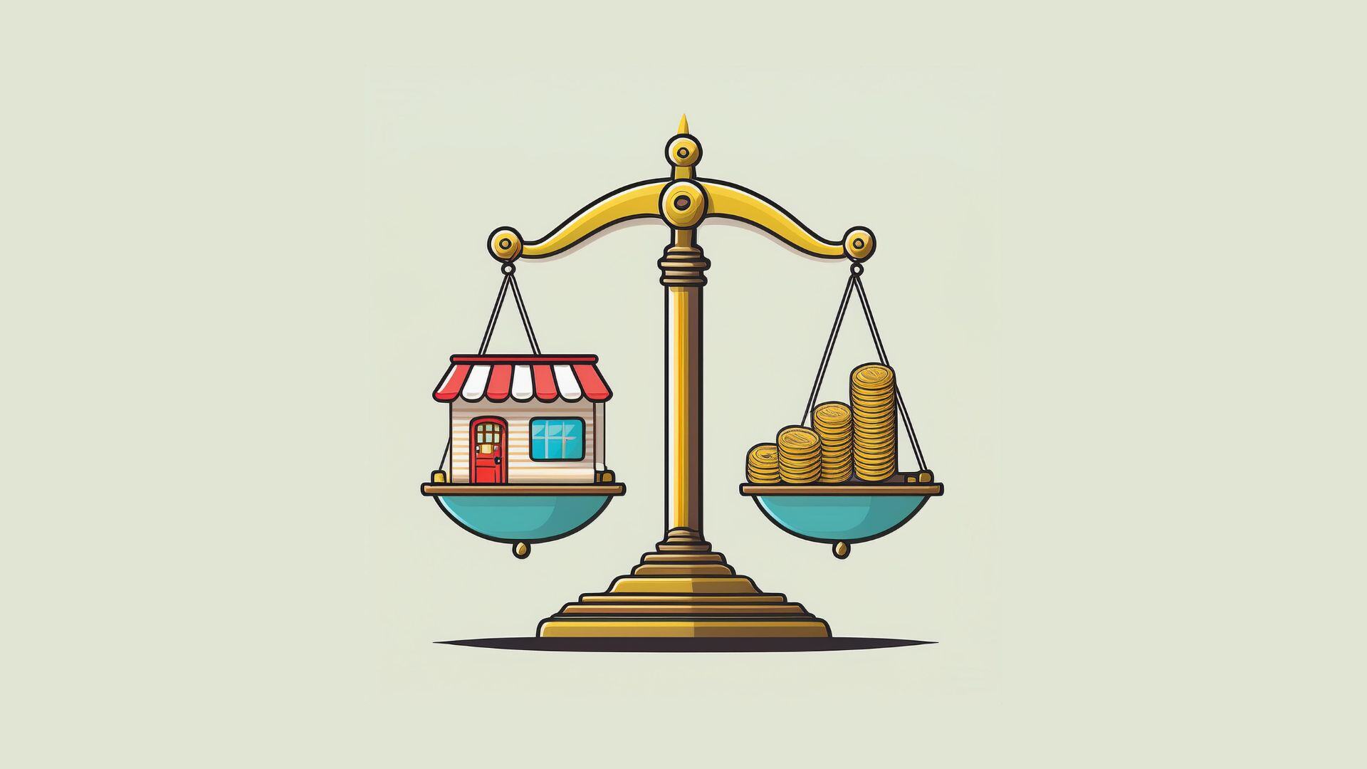 Balance scale with coins and a storefront, symbolizing the balance between rent and sales in determining a tenant's financial health in commercial real estate investments.